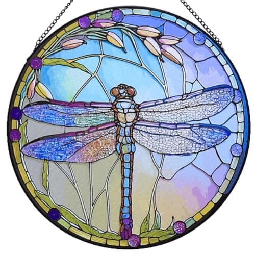 12 Inch Stained Glass Window Hanging, Large Dragonfly Suncatcher, Stained Glass Window Suncatcher, Dragonfly Home Wall Art Decor for Indoor/Outdoor, Hand Multicolor Panel Sun Catcher, Gift for Mom